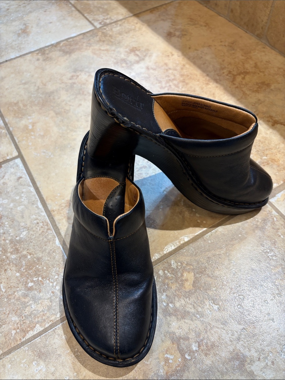 Born Black Leather Slip-On Mule with Tan Lining and Contrast Stitching